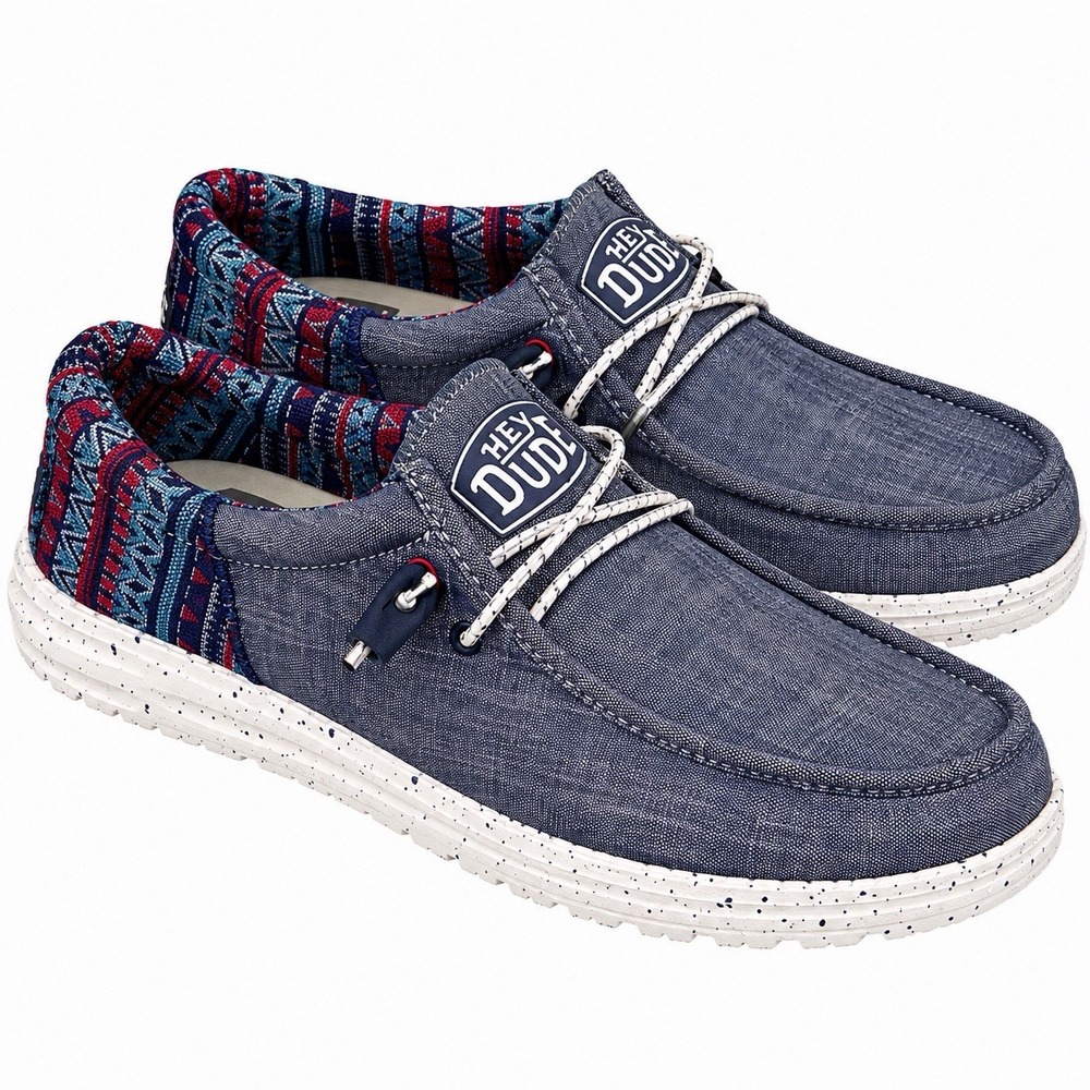 NWT Hey Dude Wally Funk Jacquard Tribe Men's Size 12 Blue Slip On Shoes NWT